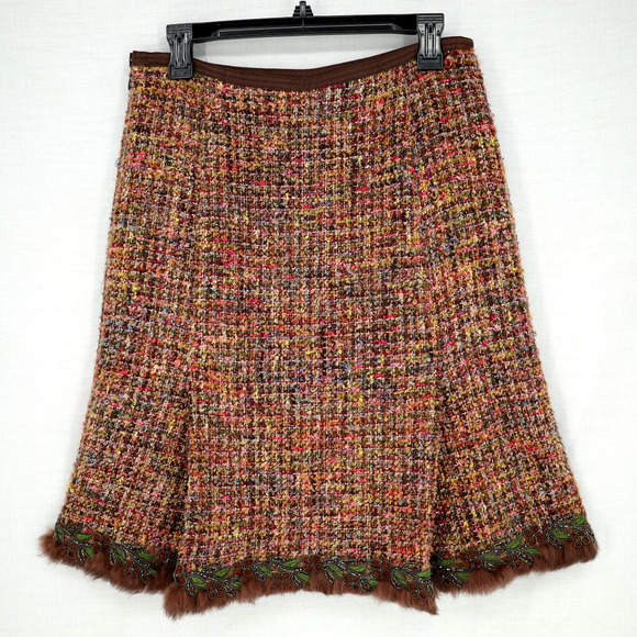 Cynthia Steffe Skirt Womens 8 Brown Gold Tweed Fringe Hem Lined Mohair Alpaca - Picture 2 of 15